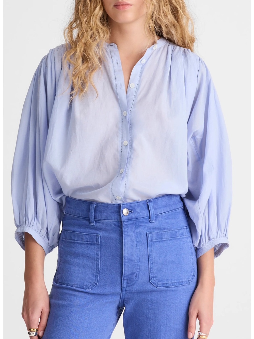 NWT MADEWELL Shirred Crewneck Button-Up Top Tranquil Blue Size XS NZ424